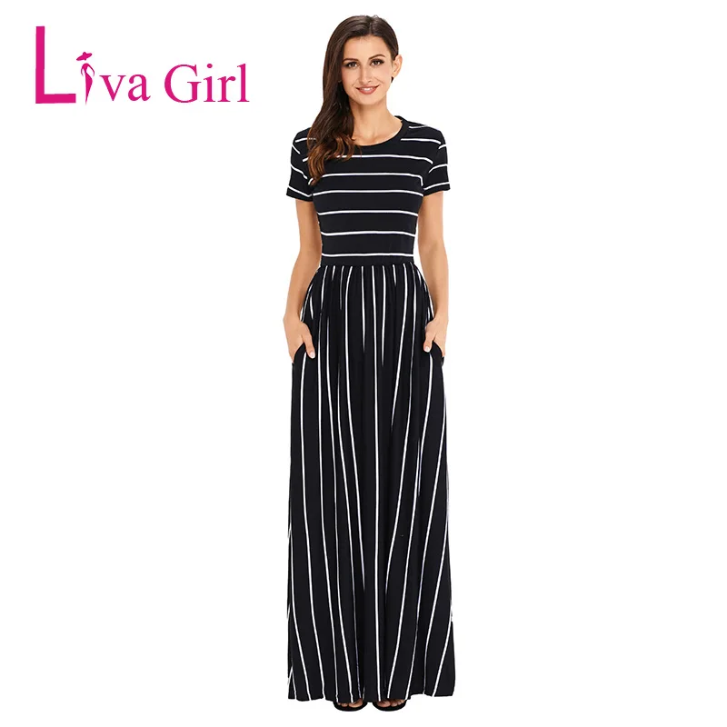 

LIVA GIRL 2019 Women's Summer Loose White Striped Maxi Dress Short Sleeve O-Neck Long Dress Casual Pocket Feminine Robe Vestidos
