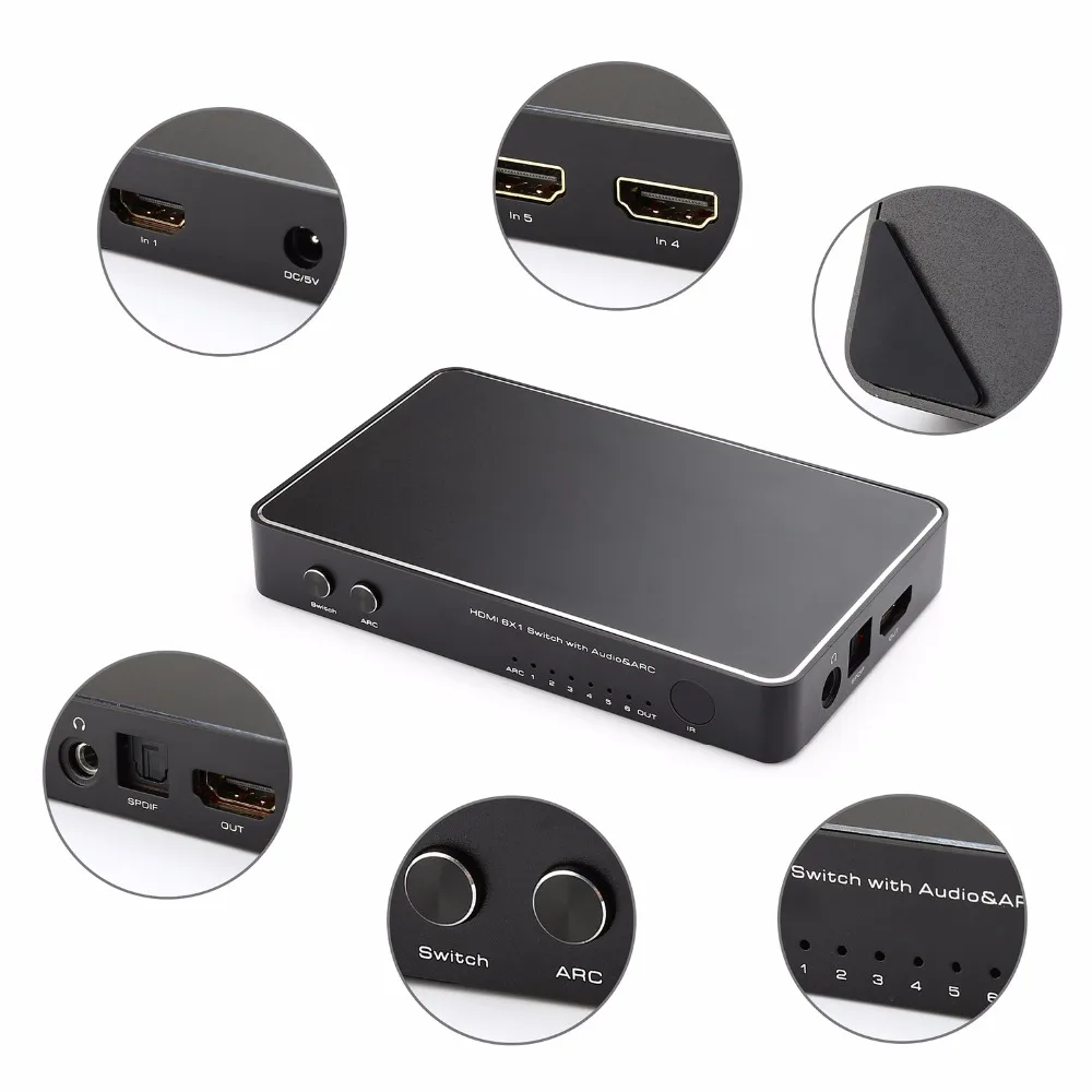 Переключатель HDMI с 6 портами 4K x 2K 6x1 Селекторный концентратор оптическим Spdif Toslink +