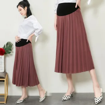 

Maternity Skirts Fashion Care Belly A-Line Pleated Skirt High Waist for pregnant women Pregnancy Long Skirts spring Autumn