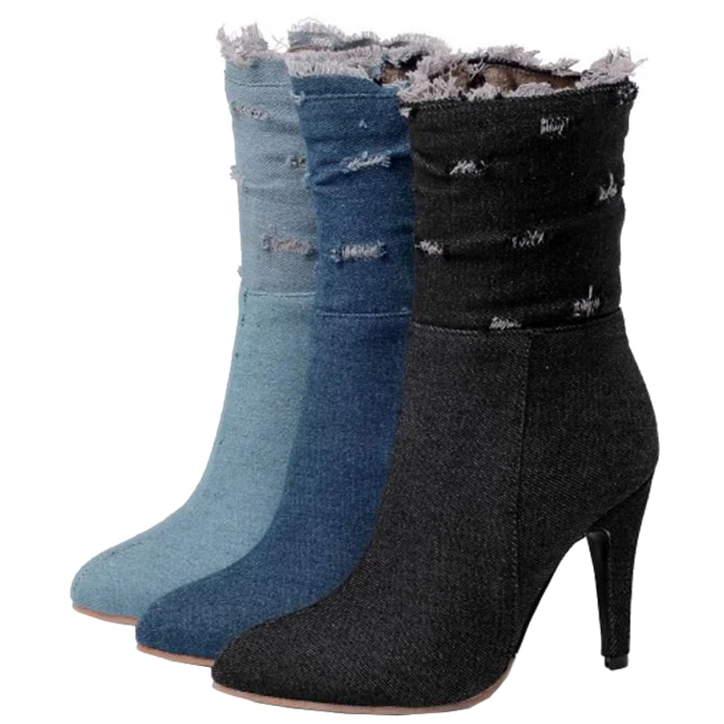 Femmes pu Zip Court Grande Mode Bottes Noir Stiletto bleu Avec Point Ciel A954 Chaussures Mi Élégantes mollet Toe Taille En Peluche Chelsea Sjjh 2018 Denim qwgFg5C