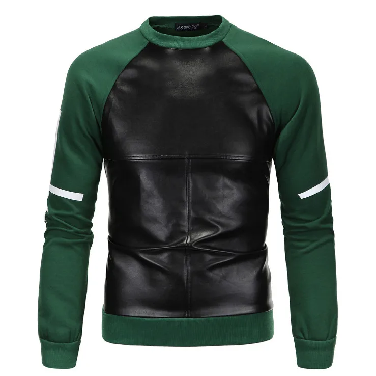 

2018 New Fashion Hoodies Sweatshirts Men PU Leather Patchwork Pullovers Autumn Printed Sweatshirts Male Casual Clothing