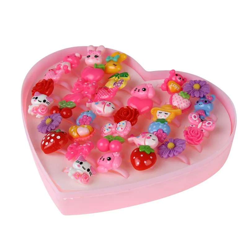 36pcs Mixed Animals Flower Metal Resin Girls Children Adjustable Rings Cartoon Finger Jewelry Pink Heart Shaped Box