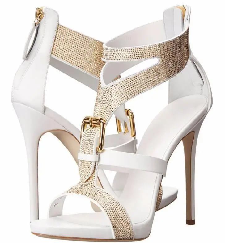 

Hot Selling Crystal High Heel Sandals Women Peep Toe Thin Heel Shoes Buckle Straps Rome Sandal White Fashion Party Shoes