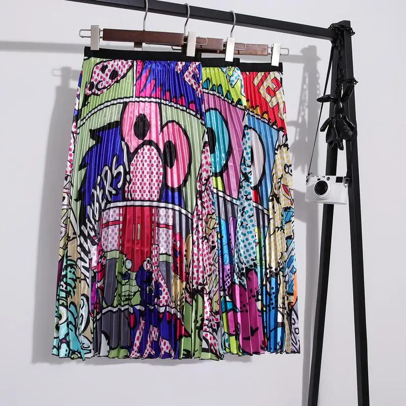Женские плиссированные юбки в европейском стиле с принтом из мультфильмов, с высокой талией, Женская Повседневная забавная длинная юбка трапециевидной формы, Faldas Mujer Moda