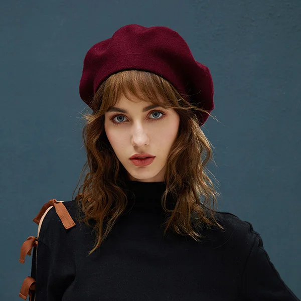 Зимние береты для женщин, винтажные шерстяные вязаные шапки для женщин, новинка, британский стиль, береты для девушек, берет художника - Цвет: Wine Red