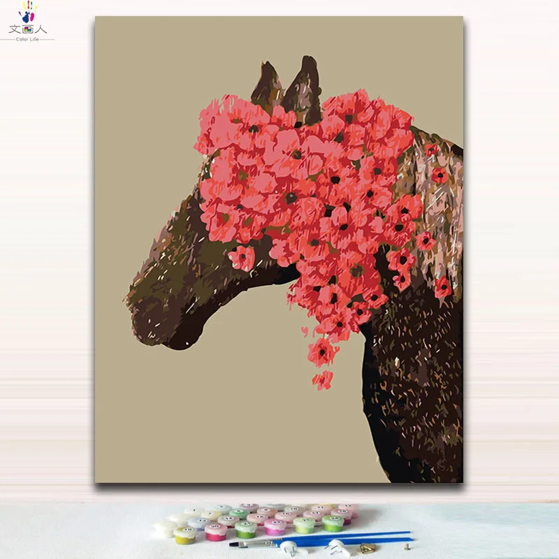

Creative horse With red flowers pictures paintings paints by numbers with package for adults Practice drawing stress reliever