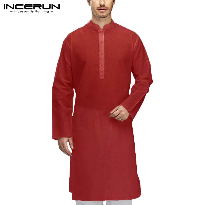INCERUN, индийская рубашка с длинным рукавом, мужская хлопковая однотонная Повседневная Длинная рубашка со стоячим воротником, Мужская мусульманская одежда, топы размера плюс 5XL - Цвет: Red
