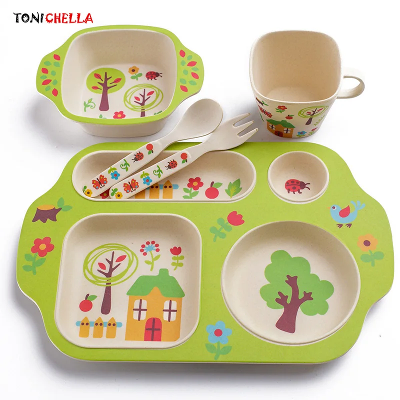 Pratos de Bambu Louça de Alimentação Recipiente de Alimentos Crianças Infantil Louça Garfo Colher Copo Criança Tigelas Utensílios T0525