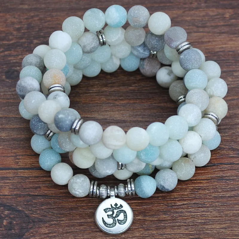Браслет Yumfeel из натурального камня 108 мала йога матовый Амазонит Ом цветок лотоса