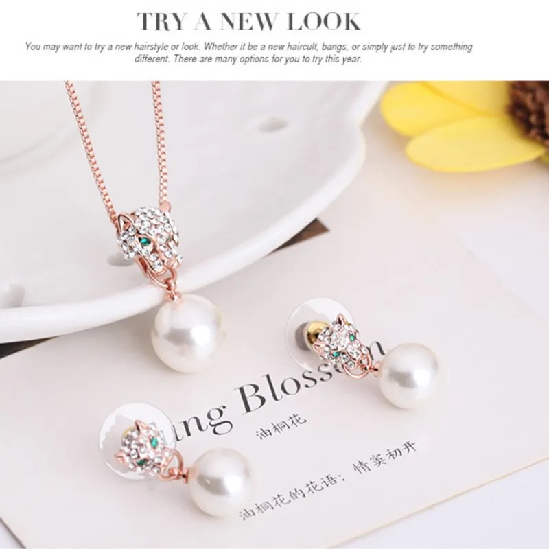 

Luxury Rhinestone Leopard Head Pendant Necklace Drop Earrings Jewelry Set For Women Trendy Rose Gold Color Wedding Jewelry Set