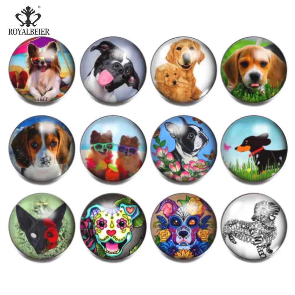 

ROYALBEIER 12pcs/lot Cute Cartoon Dog Image Patterns Fit 18mm Snap Buttons Charms For 18mm Snaps Bracelet Jewelry KZ1006
