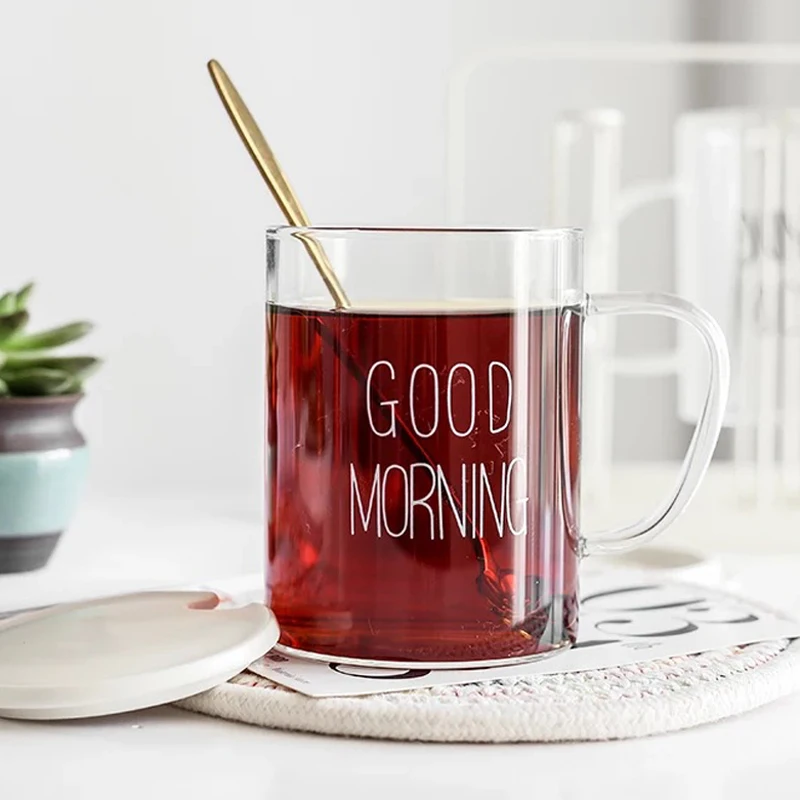 Glass Cup Tea Coffee Mug Black White Good Morning Breakfast Milk Juice Cup Transparent Glass Beer Mug 400ML (1)