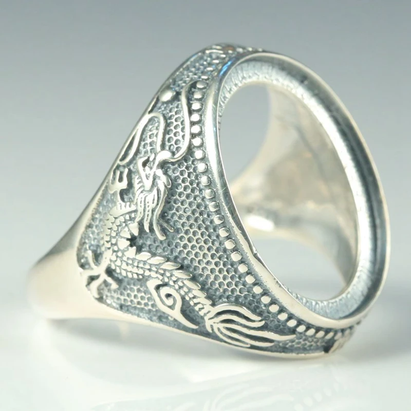 

Silver 925 Jewelry Engagement Ring Men Antique Vintage Semi Mount fit 15x20mm Oval Cabochon Amber Turquoise China Dragon