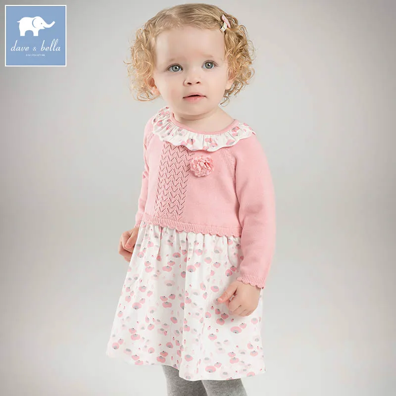 DBZ7254 dave bella/весеннее трикотажное платье для маленьких девочек; модное праздничное платье с цветочным рисунком для дня рождения; одежда для малышей