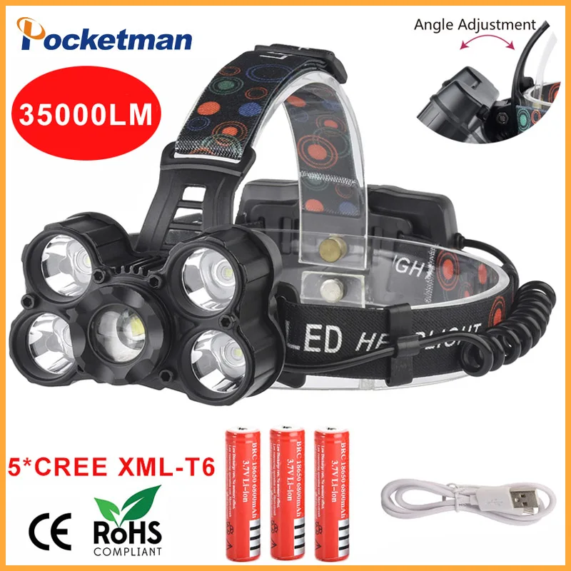 

35000lm LED Head Lamp Zoomable Headlamp 5 leds XM-L T6 Headlight Rechargeable lampe frontale +18650 Batteries
