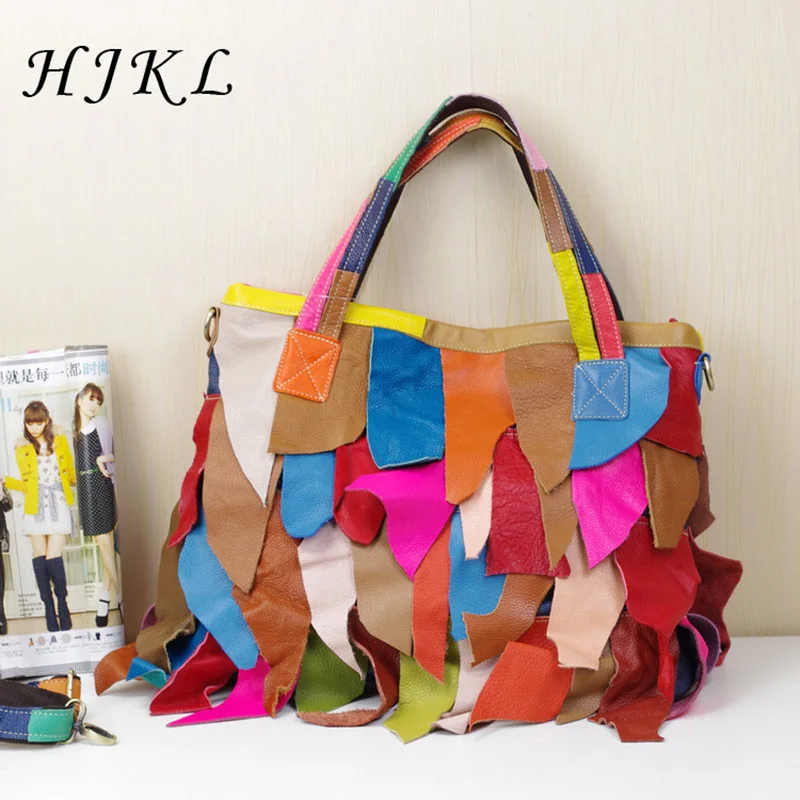 

HJKL Cowhide Women's Large Totes Random Color Patchwork Handbags Black Crossbody Single Shoulder Bag Vintage for Mommy 2018