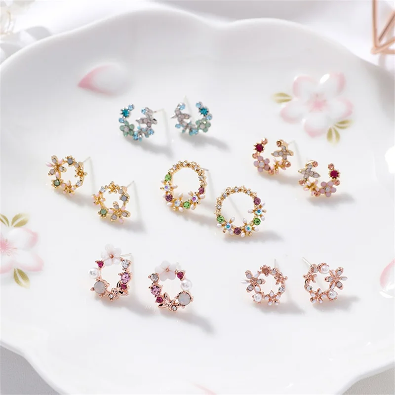 

S925 Sterling Silver Pin Korean Colorful Crystal Wreath Flower Shell Small Cirlce Stud Earrings For Women Girl Brincos Gift sexy