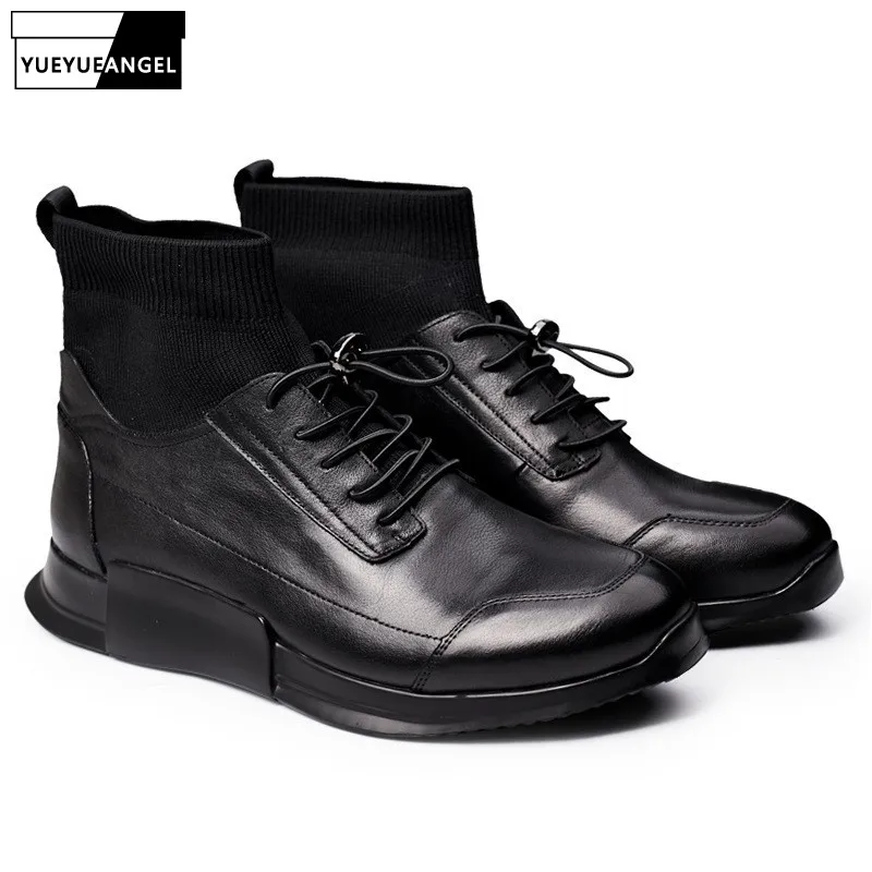 Best Brand Men Genuine Leather High Top Casual Shoes Autumn Winter Black Slip On Sock Sneakers Male Comfortable Hip Hop Footwear