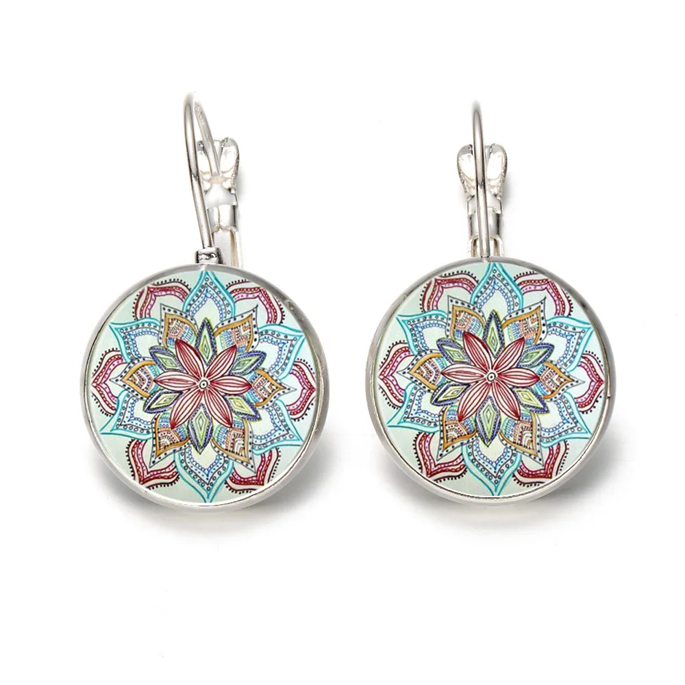 Fancy Mandala Flower Design Clip Earrings Round Glass Antique Bronze Hippie Earring For Women