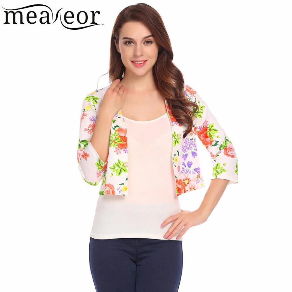 Meaneor Floral Print Short Sleeve Women Slim Fit Summer Autumn Shrug