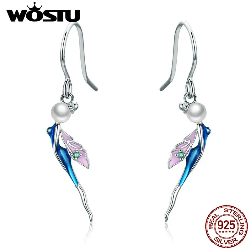 Женские серьги подвески WOSTU из стерлингового серебра 925 пробы с эмалью синего цвета ювелирные изделия в