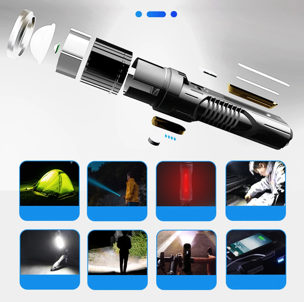 USB Rechargeable LED Flashlight Waterproof Torch USB Interface To Charge The Phone Zoomable 5 Lighting Modes Super Bright