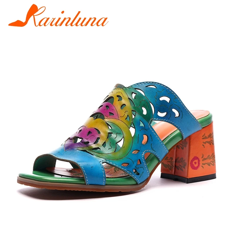 

Karinluna 2019 Big Size 42 Genuine Leather Shoes Women Sandals Hollow Out High Heels Sandals Mules Party Women Slipper