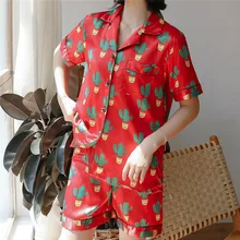 Для женщин моделирование шелк печати пижамы с принтом пижамы ночное комплект летние шифоновое платье 40mi01