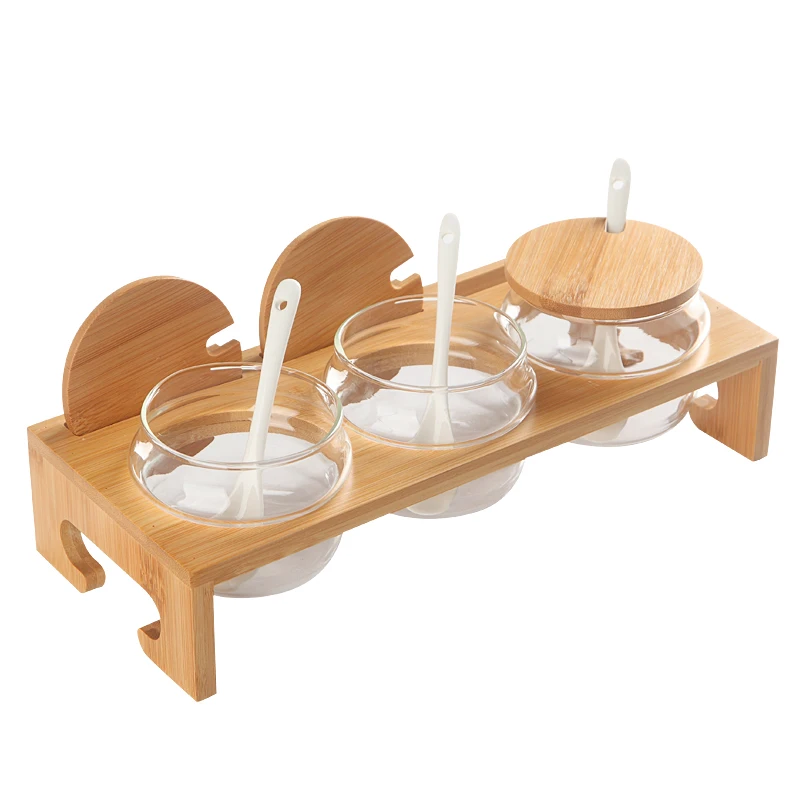 

Houmaid kitchen accessories seasoning glass storage jars set with bamboo rack,spice/sugar/salt/pepper/chilli bottles with cover