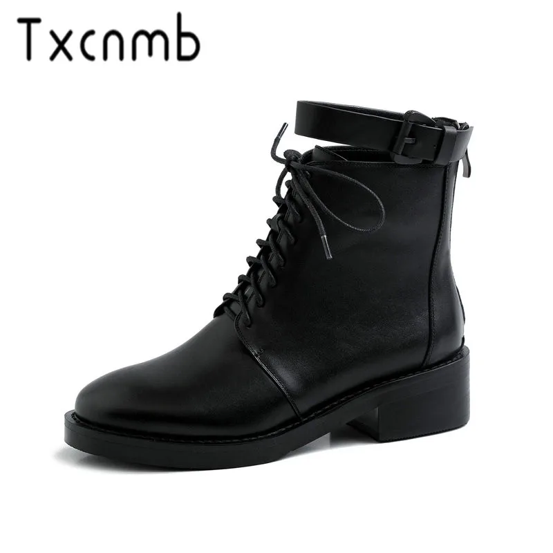 

TXCNMB Quality High Heels Genuine Leather Party Shoes Woman Autumn Winter Ankle Boots Lace-up Motorcycle Boots Black