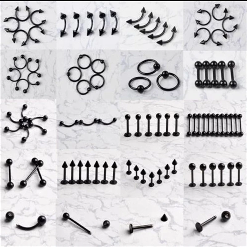 

Wholesale 7Styles Lot 70pcs Black Steel Labret Lip Body Pierce Nipple Navel Belly Eyebrow Bar Ring Jewelry
