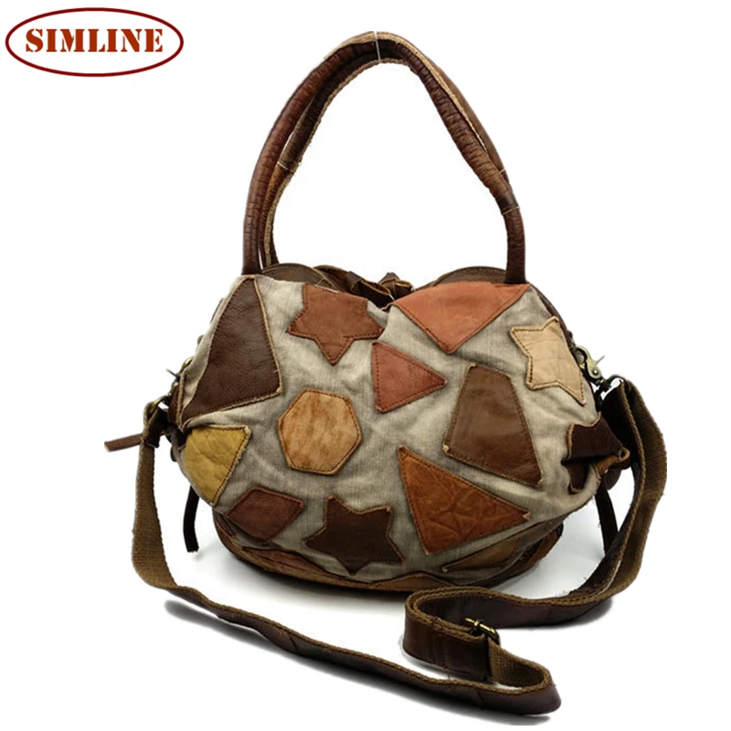 

Luxury Brand Vintage Casual 100% Genuine Leather Cowhide Canvas Women Handbag Shoulder Messenger Cross Body Bag Bags For Ladies