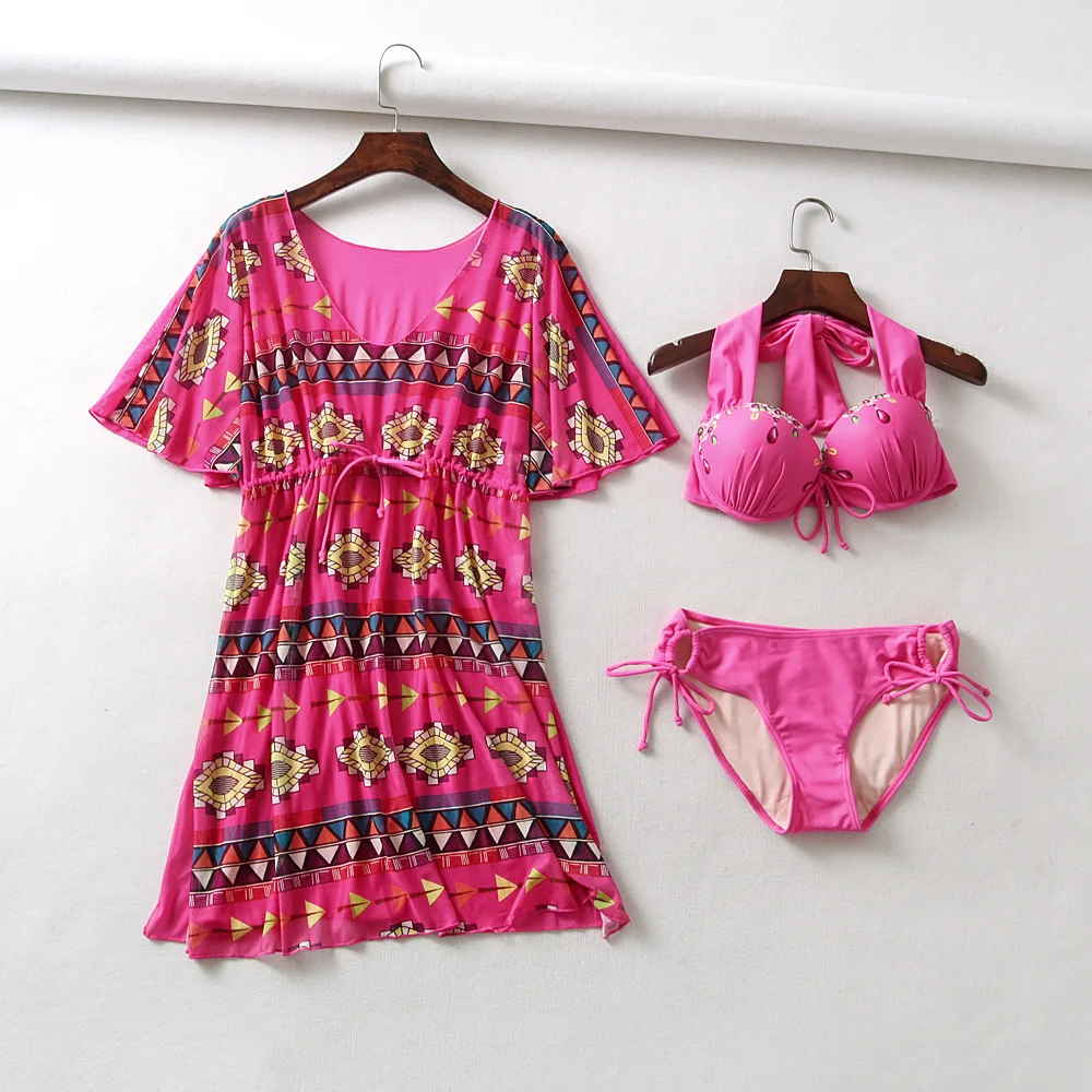 

Women Sexy Rose Red Printed 3 Pieces Bikini Set Swimwear With Beach Overall