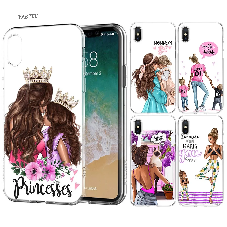 

Fundas Print Silicone Phone Case For Apple iPhone 6 6S 7 8 Plus X 10 XS MAX XR 5S 5 5C SE TPU Cover Brown Hair Baby Mom Girl Que