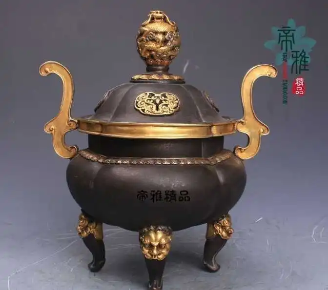 

Chinese Buddhism Palace Bronze Copper 24K Gold Gild Dragon Incense Burner Censer