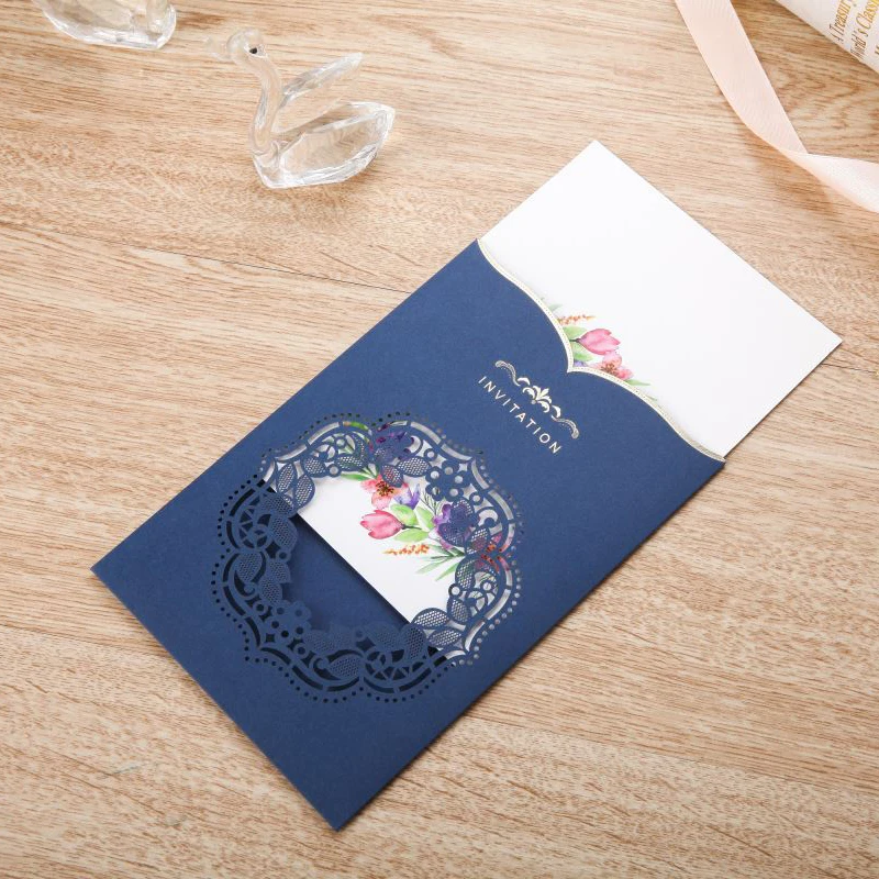 10pcs Blue Laser Cut Wedding Invitations Card Bride and Groom Greeting Cards Customize Envelopes Wedding Event Party Decorations