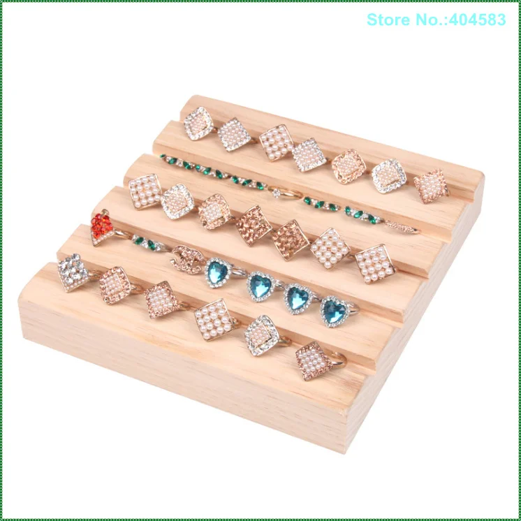 

2017 New Design Countertop Natural Timber Color Fashion 5 Grooved Wood Jewelry Rings Display Stand Tray