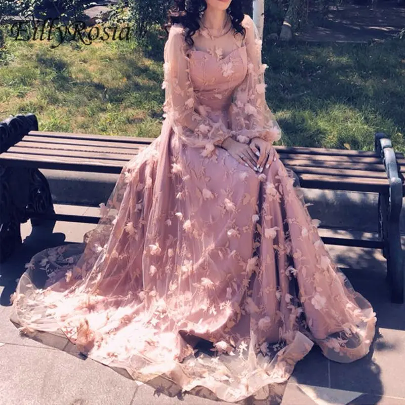 Princess Dusty Rose Pink Prom Dresses Long Sleeves Lace 3D Flowers A Line Floor Length Sheer Neck Elegant Vestido Longo De Festa