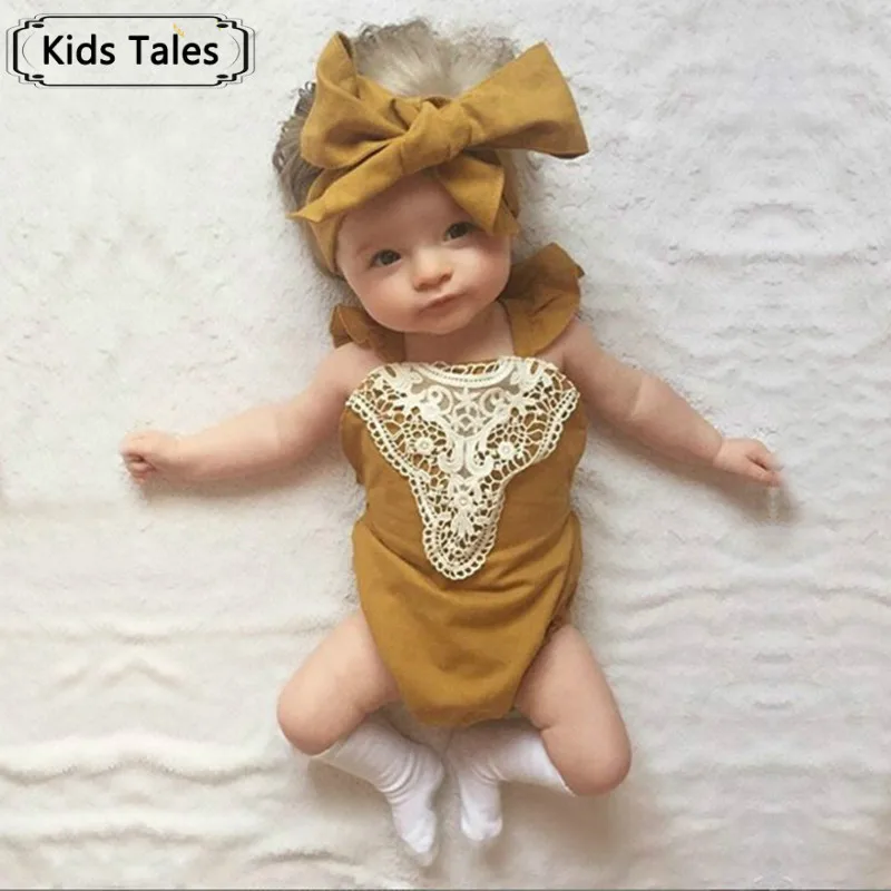 

Newborn Lace Girl Splicing Sliders Newborn Clothes Bebes Lace Overalls Women's Beach Suit+Headband 2pcs.Garment Outfit Set SR159