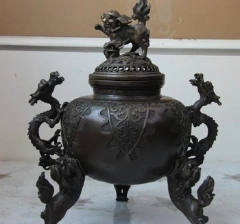 

14 China Pure Bronze Copper Plalace Foo Fu Dog Lion Dragon Incense Burner Censer