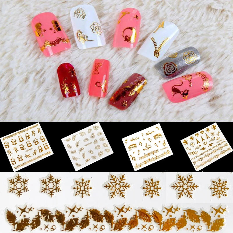 

6 Sheet/Set 3D Water Transfer Stickers Tips Gold Nail Art Stickers Decals Metallic Nail Stickers Manicure Nail Art Decorations