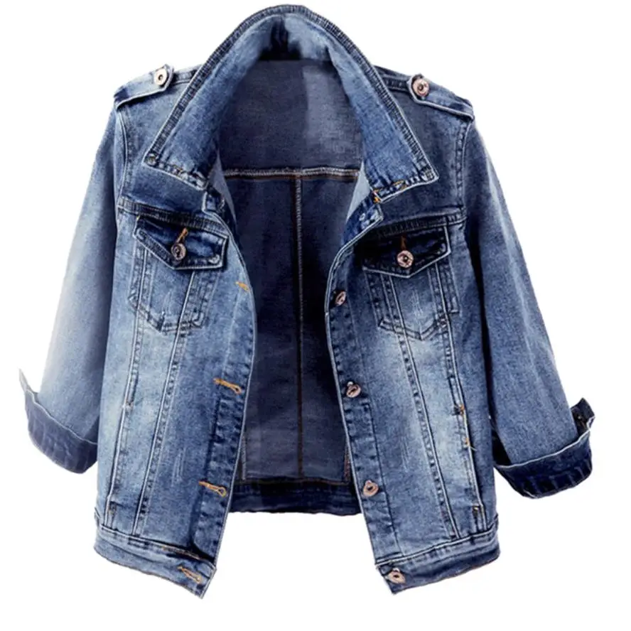 

Plus Size 2XL Spring Autumn Denim Jacket Women 2018 Three Quarter Sleeve Slim Washed Short Jeans Jacket