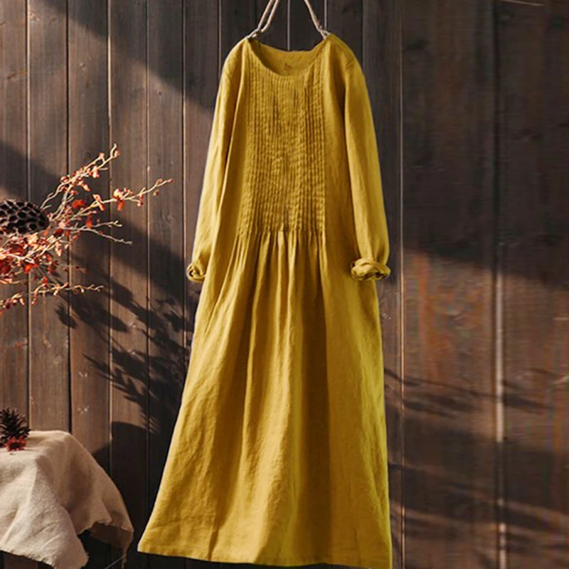 

Ladies Home Dress Vintage Soft Long Sleeve Bohemian Summer Swing Solid Casual