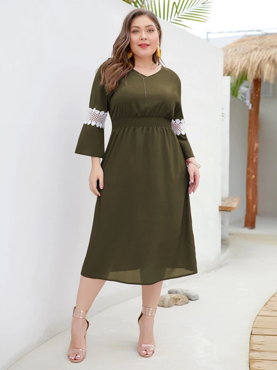 

Summer Women’s Plus Size V-neck 3/4 Wide Sleeve Dress Party Dress Outwear Dress