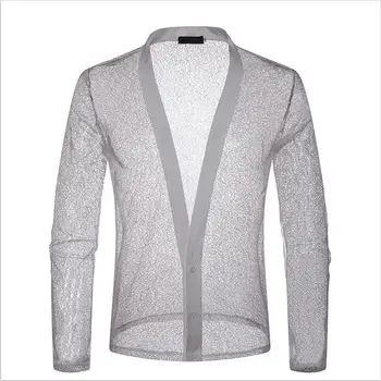 

Hollow mesh deep V neck homme lace shirt large size hip hop solid color streetwear long sleeve fashion men shirts