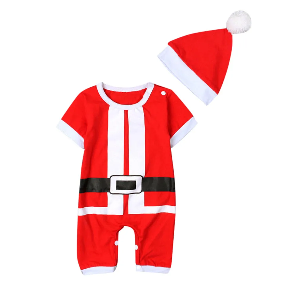 Santa Claus Christmas Costume Newborn Baby Girl Boy Clothes Xmas Belt Print Romper Jumpsuit Hat Outfits 2 Piece Set For Children - Цвет: Red