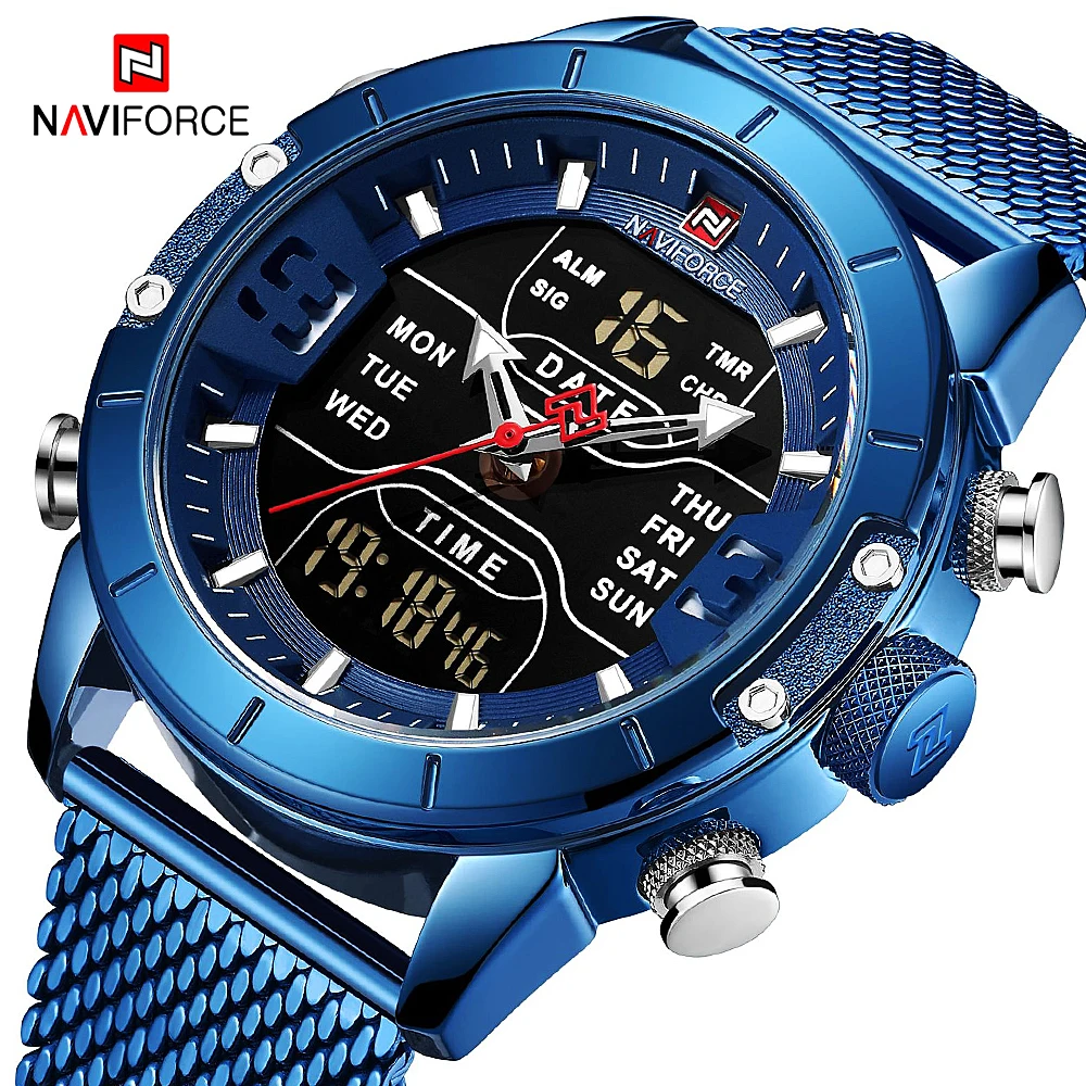 Мужские часы Топ люксовый брендовый мужской военный Спорт кварцевые наручные часы синий из нержавеющей стали светодиодный цифровые часы
