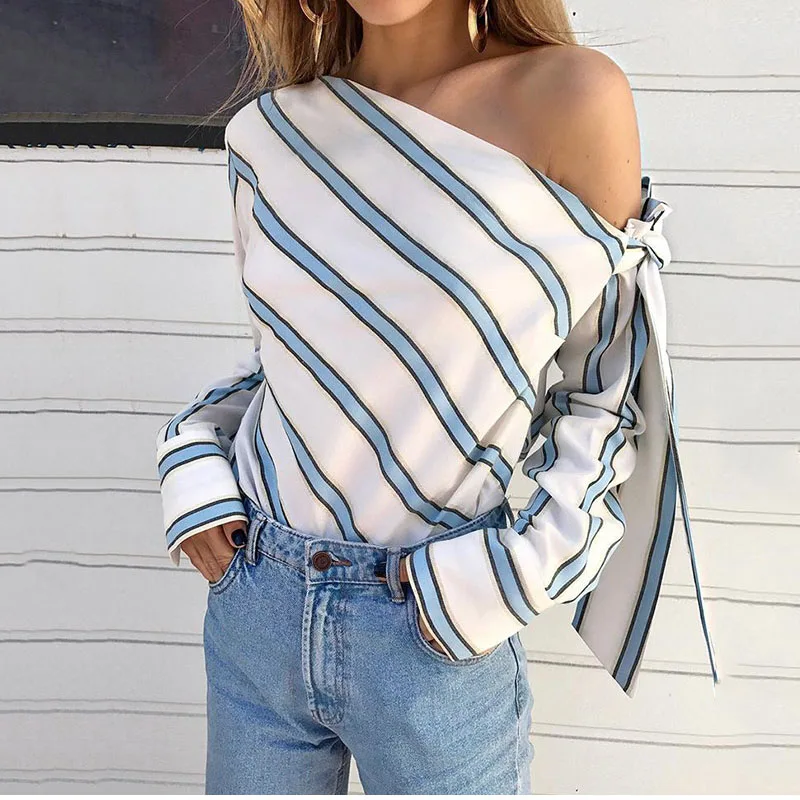 

Striped Off Shoulder Bowtie Women's Shirt Sexy Skew Collar Long Sleeve Womens Blouses 2019 Summer Fashion Casual Top Female 2XL