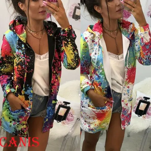 Damen Kapuzen Pullover Jacke Sweatjacke Hoodie Parka Windjacke Bunt Graffiti Top