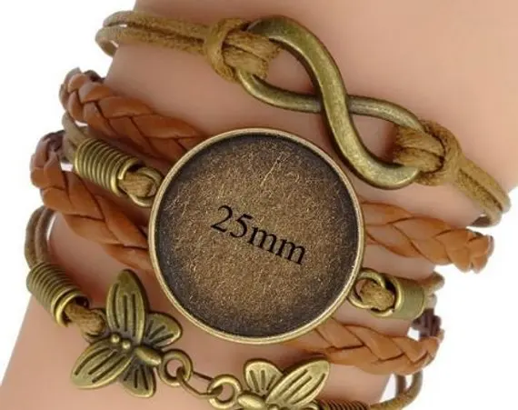 

One Antique Gold Alloy Bracelet Blank Bezel Tray Setting with leather // with Clear Round Glass Cabochon (25mm) // APB067theof
